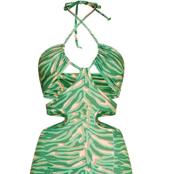 GREEN ABSTRACT PRINT SIDE CUT OUT HALTERNECK MIDI DRESS - Picture 2 of 10